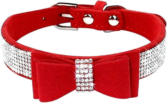 Rhinestone Dog Collar, Cute Dazzling Sparkling Soft Suede Leather Adjustable Pet Dog Cat Collar Crystal Diamond for Puppy Small Medium Large Dogs (M:32-38cm, Red-1)