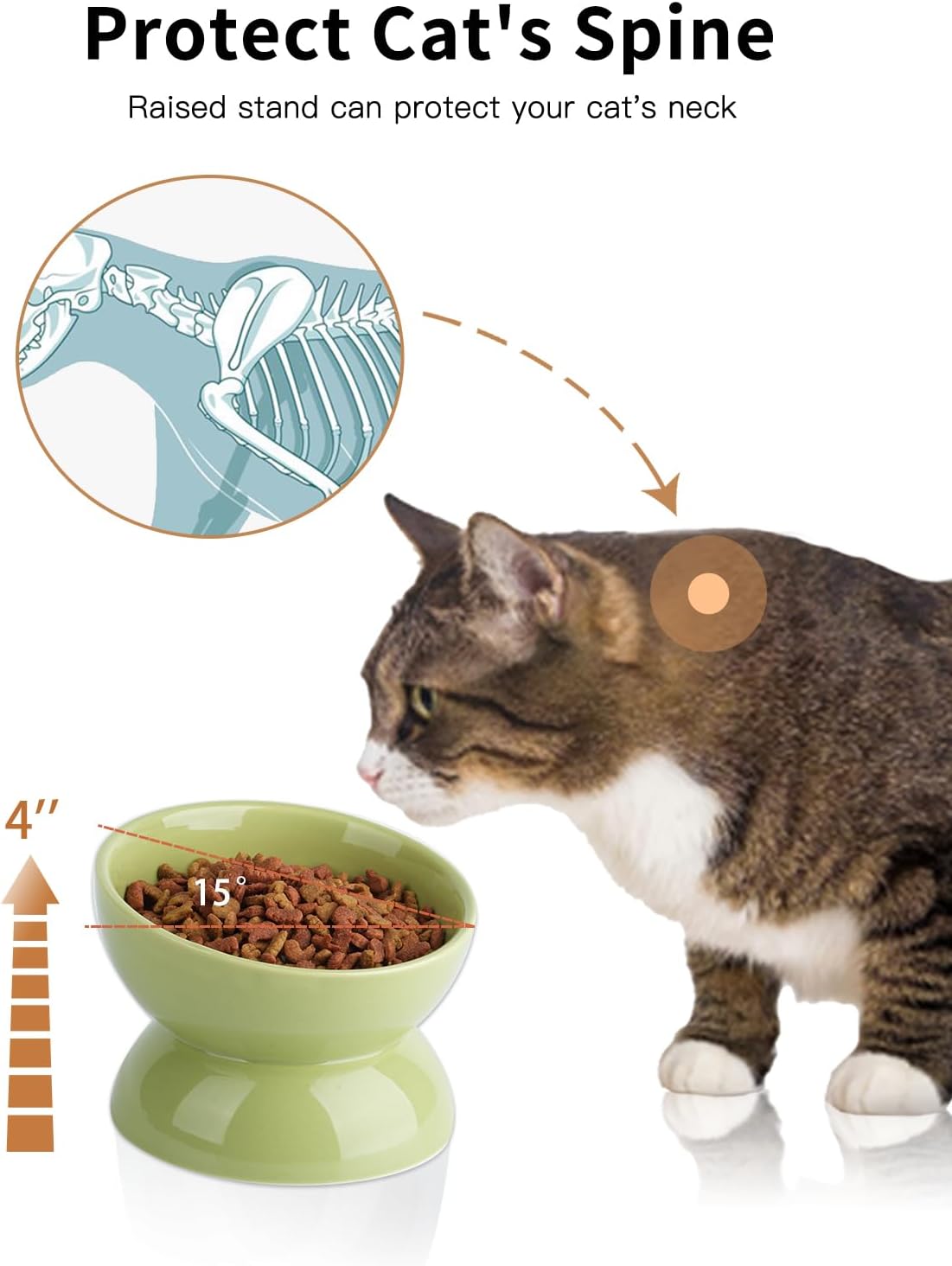 Cat Water Bowl, 16 OZ Ceramic Elevated Cat Bowls, 15° Tilted and Raised Pet Food Dish, Anti Vomiting Protect Pets' Spines and Whisker Fatigue