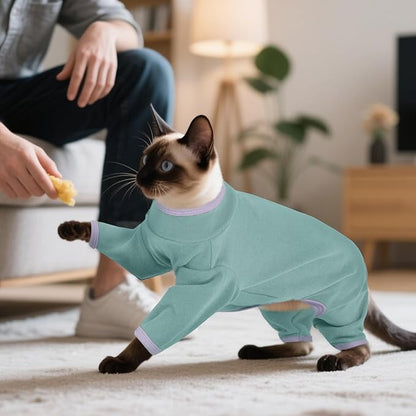 DENTRUN Cat Clothes for Hair Control with Hair Sticky Fabric - Soft Recovery Suit & Breathable Lint-Resistant Cat Sweater for Cats Only, Kitten Onesie Pajamas, M, Bean Green