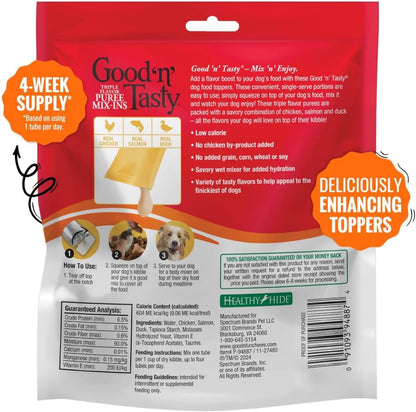 Good 'n' Tasty Triple Flavor Puree Mix-Ins Dog Food Topper Treats for All Dogs, 28 Count, Easy Single-Serve Portions, Added Protein with Chicken, Salmon and Duck