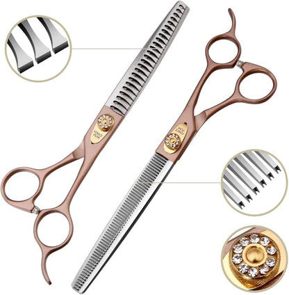 Fenice Peak 7‘’ Professional Dog Grooming Scissors Set Rose Gold 440C Stainless Steel Straight Thinning Curved Chunker Shears 4pcs Set for Pet Grooming Services Dogs and Cats