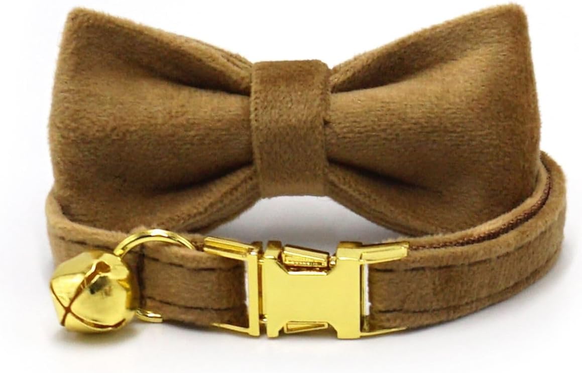 Personalized Cat Collar with Bells,Velvet Customized Small Cat Collar with Name Tag,Pet Collar with Name Phone Number Engraved ID Tags for Boy and Girl Kitten Cats (Camel Color)