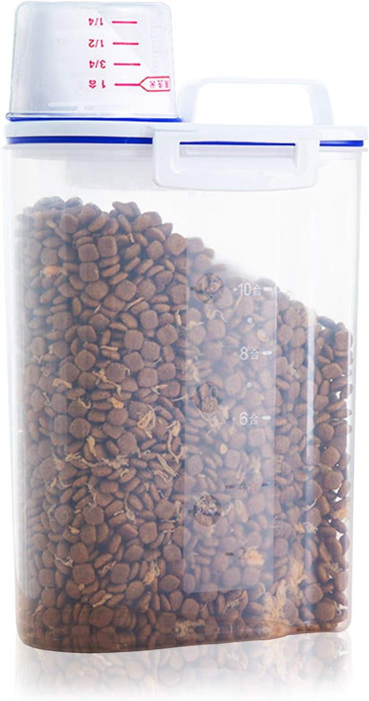 Rocutus Pet Food Storage Container,Portable Cat Dog Food Container With Measuring Cup,4 Seal Buckles Food Dispenser for Regular Food,Dogs, Cats, Birds (White Blue)