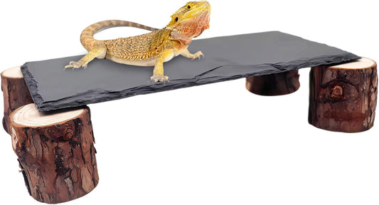 Bearded Dragon Basking Platform, Slate Rocks for Reptiles with Wooden Pile, Leopard Gecko Hides and Caves, Reptile Tank Accessories for Bearded Dragons, Geckos, Ball Pythons, Tortoise (Black, Small)