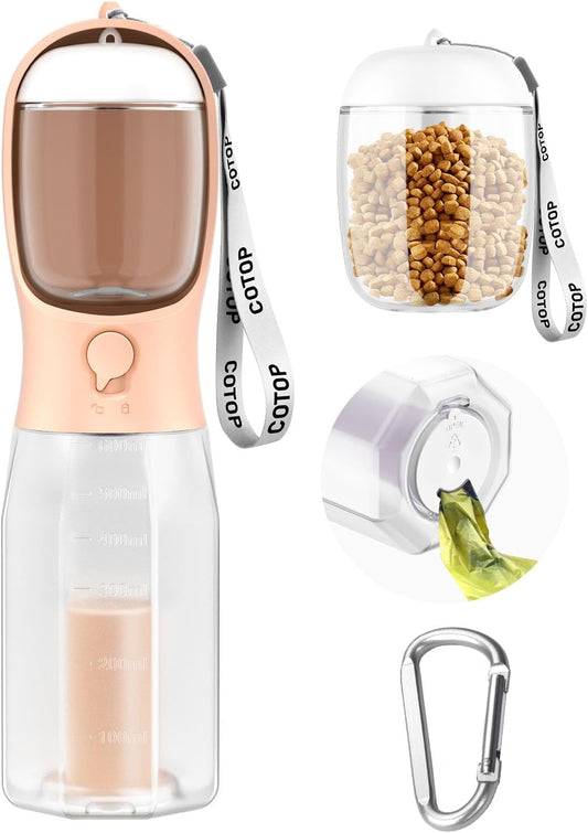 20oz Dog Water Bottle with Food Container & Poop Bag Dispenser | Leak-Proof Portable Pet Water Dispenser with Carabiner Clip | for Walking, Hiking, Travel (Peach, 20oz)