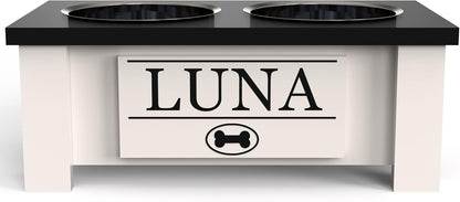 GrooveThis Woodshop - Personalized Elevated Dog Bowl Stand for Large, Medium, Small, X-Small Dogs - Stainless Steel Food and Water Bowls - Raised Dog Dish with Internal Storage (Small, Black)