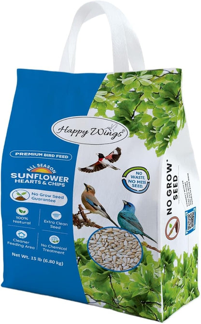 Happy Wings Sunflower Hearts & Chips Bird Food 15 lbs No Mess, No Waste Seed No Grow Formula Ideal for Wild Birds, Finches, Sparrows, and Year-Round Feeding.