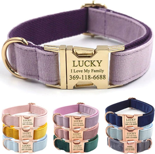 PETDURO Personalized Dog Collar Lavender Soft Velvet for Large Medium Small Boy Girl Dogs - Custom Collar with Name Phone Number Engraved on Gold Metal Buckle - Add Leash Bow Set via Customize Now