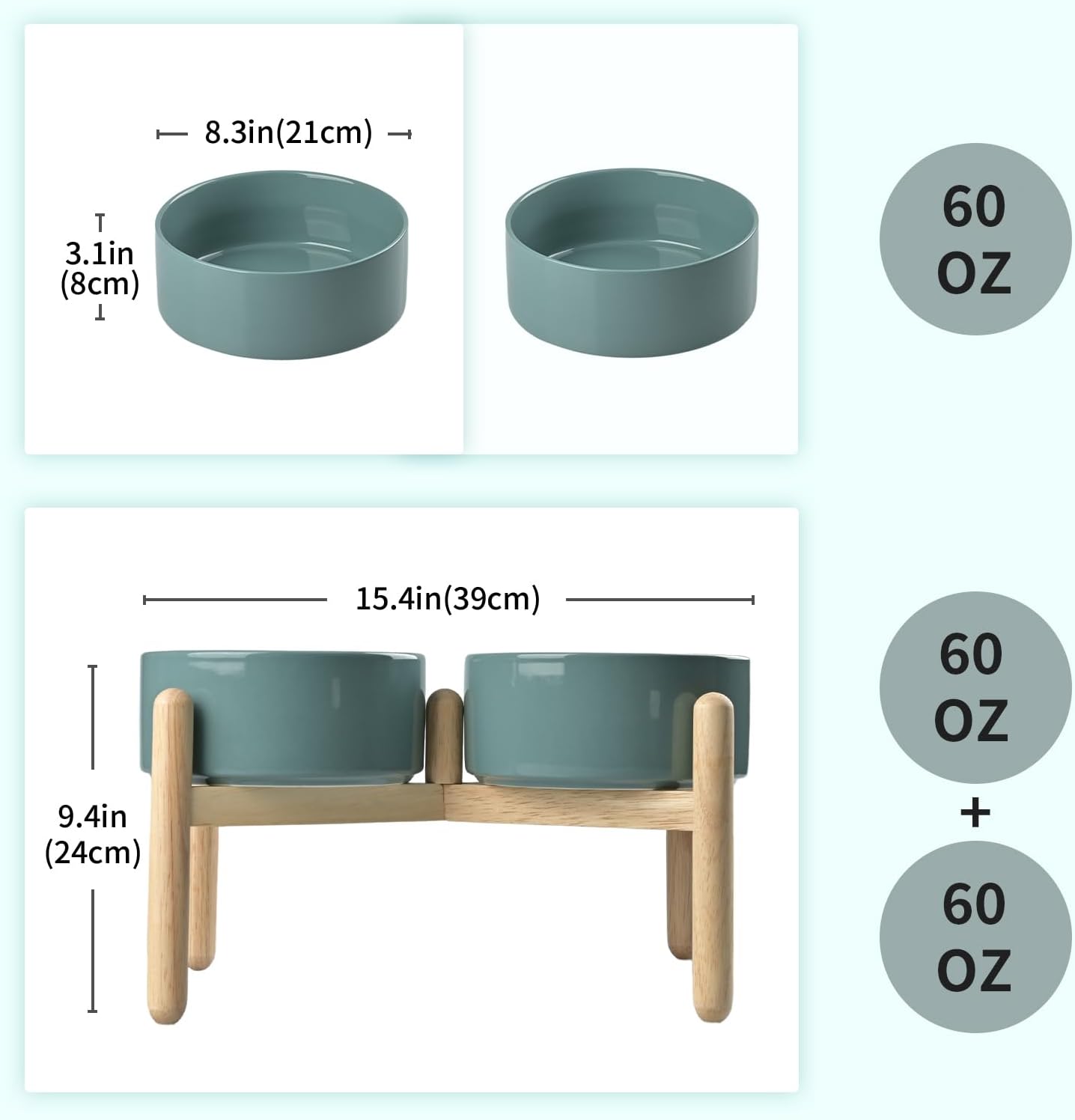 SPUNKYJUNKY Ceramics Elevated Dog Feeding Stand with Wooden Base - Double 60oz Bowls for Medium Large Dogs (Dark Green)