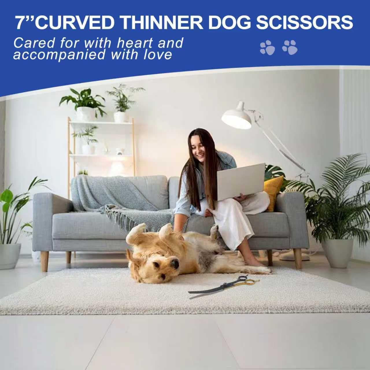 7" Curved Thinner Dog Scissor, Curved Fluffer Scissors, 43 Teeth, 50% Thinning Rate, Professional Pet Shear for Groomer, Ergonomic Dog Grooming Scissor, Dogs Shear for Grooming to remove bulk quickly