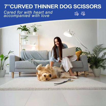 7" Curved Thinner Dog Scissor, Curved Fluffer Scissors, 43 Teeth, 50% Thinning Rate, Professional Pet Shear for Groomer, Ergonomic Dog Grooming Scissor, Dogs Shear for Grooming to remove bulk quickly