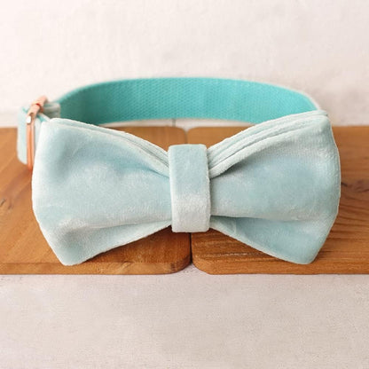 PETDURO Custom Dog Collar Personalized with Name Engraved Quick Release Rose Gold Metal Buckle for Large Medium Small Girl Dogs - Dog Leash and Bow Tie Available - Soft Comfy Velvet (Mint Blue, S)