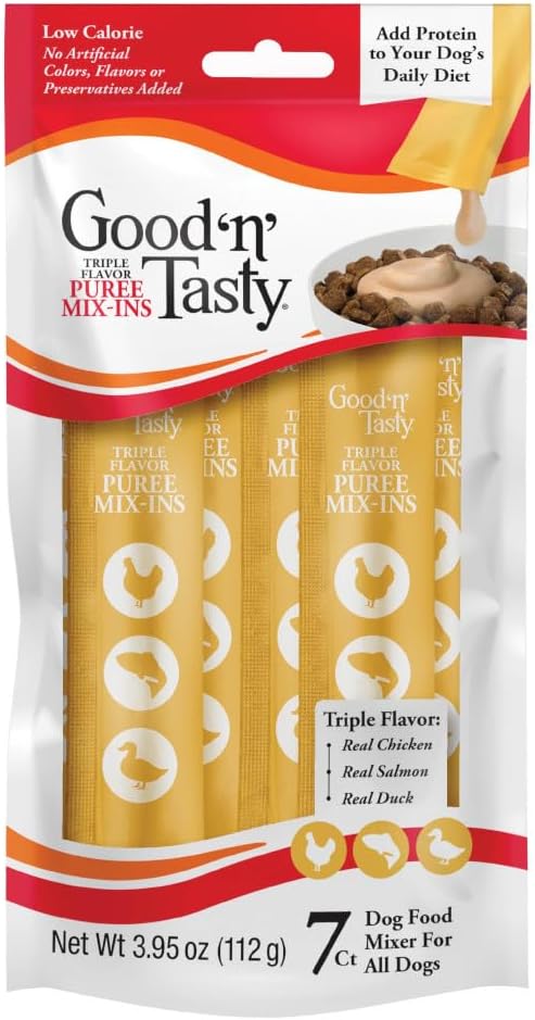 Good 'n' Tasty Triple Flavor Puree Mix-Ins Dog Food Topper Treats for All Dogs, 7 Count, Easy Single-Serve Portions, Added Protein with Chicken, Salmon and Duck