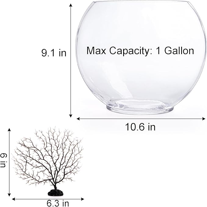 Okllen Mini Glass Fish Bowl, Oblate Small Fish Tank with Blue Aquarium Decor Sands and Plastic Coral Branch Tree Ornament for Betta Fish Aquarium, 1Gallon
