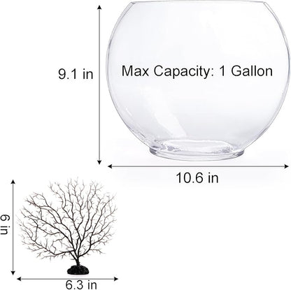 Okllen Mini Glass Fish Bowl, Oblate Small Fish Tank with Blue Aquarium Decor Sands and Plastic Coral Branch Tree Ornament for Betta Fish Aquarium, 1Gallon