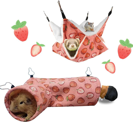 LYART Guinea Pig Rat Ferret Hammock & Warm Bed - Small Pet Hideout Tunnel Cave Hanging Bunkbed - Sugar Glider Squirrel (1.Hammock & Corner Tunnel)