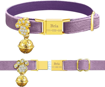 Personalized Breakaway Cat Collars - Magnetic Buckle, Bell - Safety Quick Release, Customized for Girls & Boys Cats- (Velvet-Deep Purple)