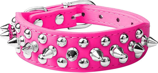 Spiked Dog Collar Soft Pu Leather Mushrooms Rivet Spike Studded Puppy Adjustable Pet Collars for Small Breeds (S, Hot Pink)