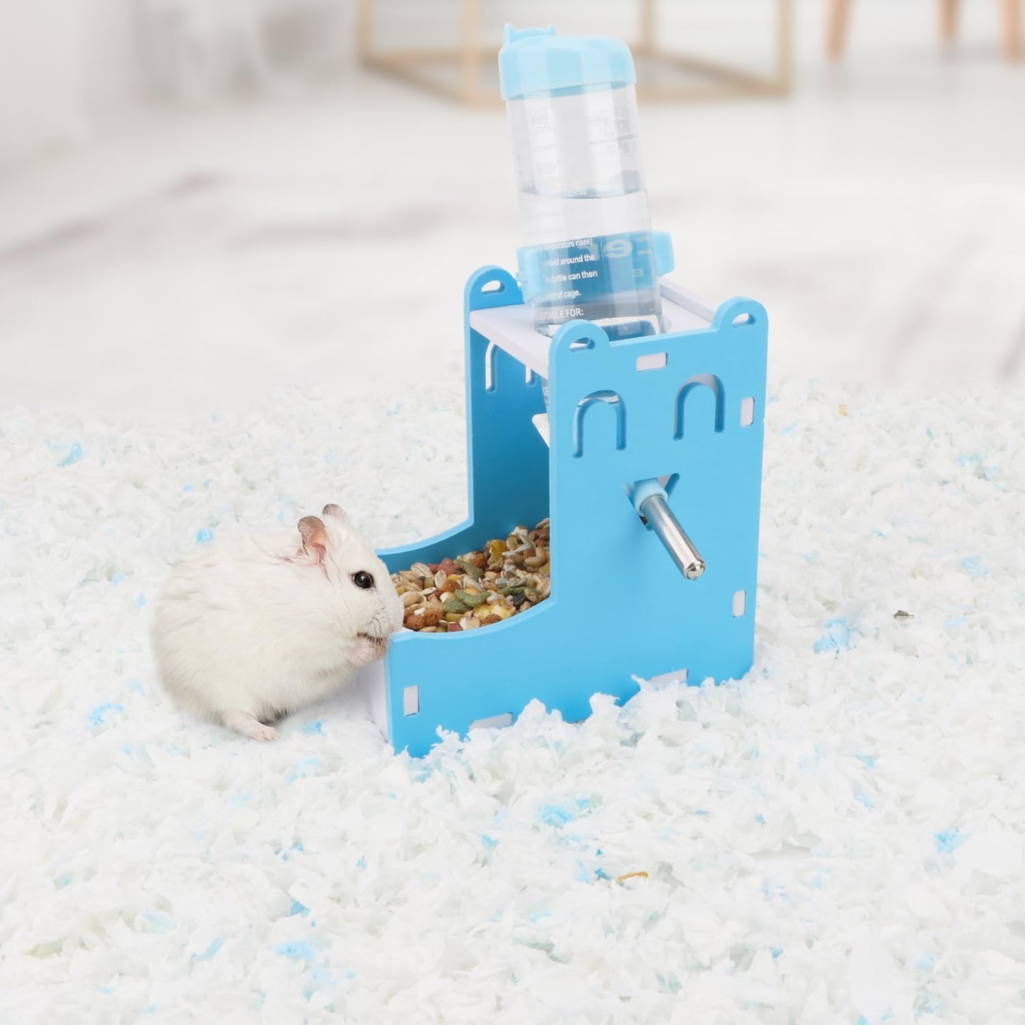 2 in 1 Hamster Hanging Water Bottle Pet Auto Dispenser with Base for Hamster Mice Gerbil Hedgehog (Smile Blue)
