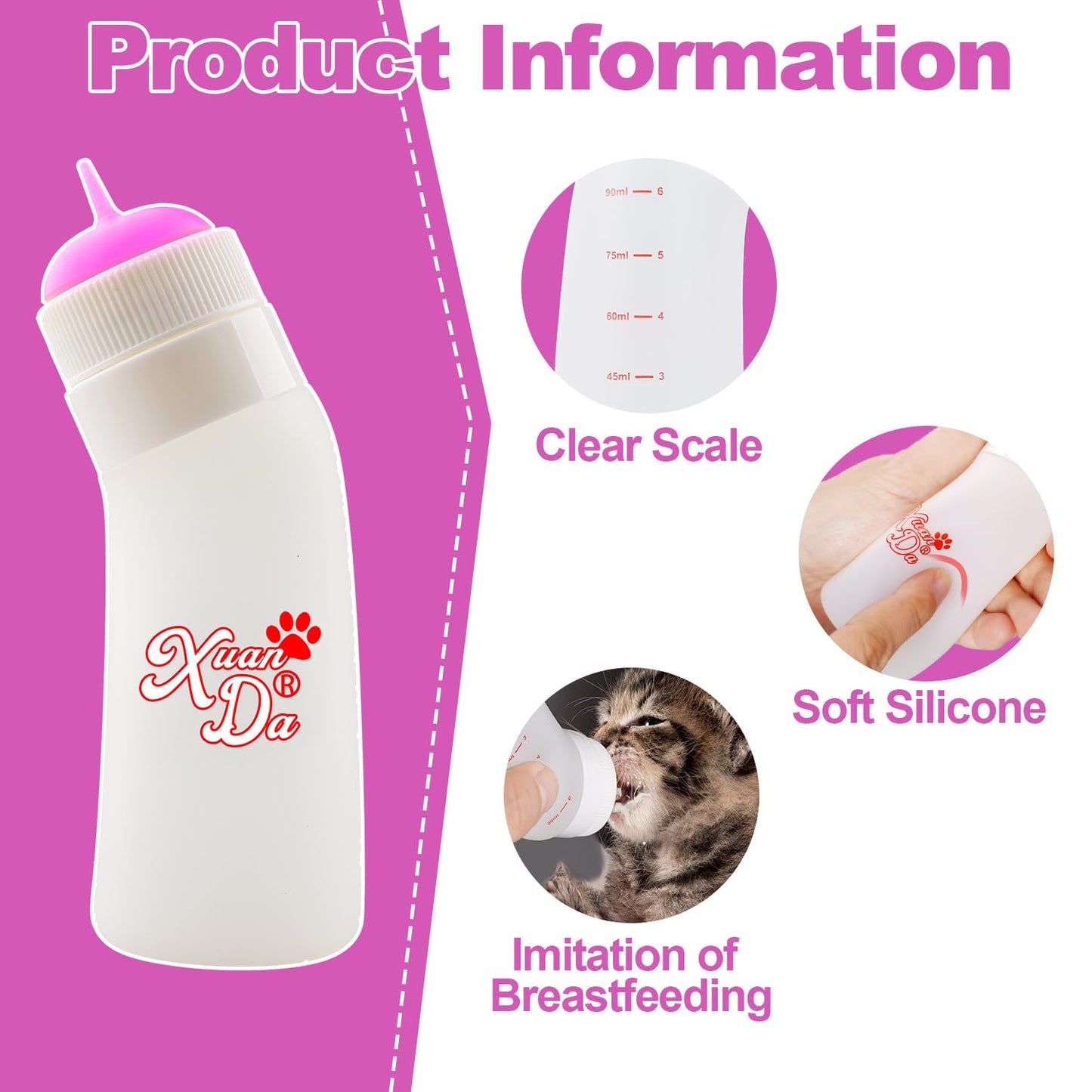 Pet Feeding Nipple with Syringe, Soft Silicone Nursing Pet Feeding Bottle, Ventilation Valve Resistant Tearing for Puppies, Kittens, Rabbit, Small Wildlife (S Nipple,Pink)