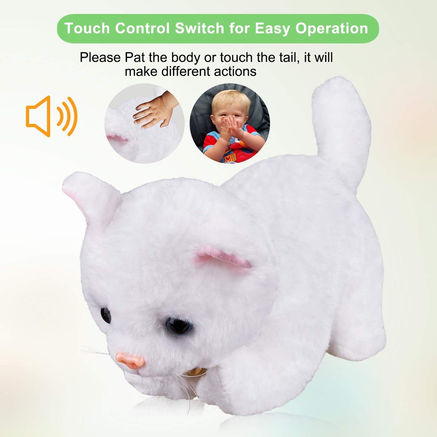 White Plush Cat Stuffed Animal Interactive Cat Robot, Robotic Cat Barking Meow Kitten Touch Control, Electronic Pet, Robot Kitty Toy, Animated Cat for Girl Baby Kid L:12" * H:8" *