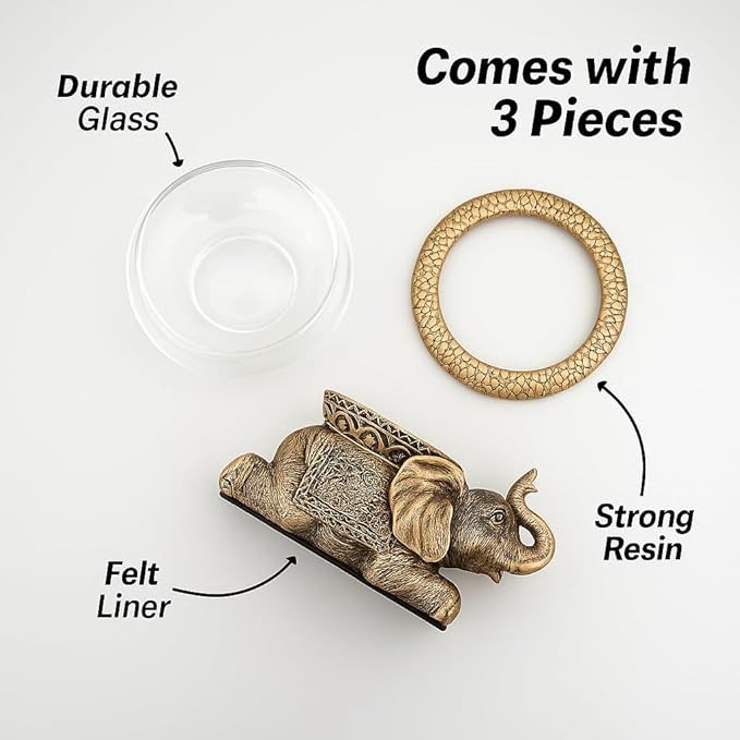 Good Luck Elephant Glass Bowl – Gold Antiqued Decorative Figurine with Removable Glass Bowl – Terrarium, Candle Holder, or Tabletop Aquarium – Polyresin Home Décor with Gift Box
