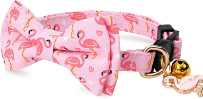 2 Pack Cotton Cat Collar with Bow Tie and Bell for Girl Boy Cats,Cute Pink Flamingo and Blue Whale Pattern Spring Summer Breakaway Cat Collar for Male Female Cats (Flamingo&Whale)