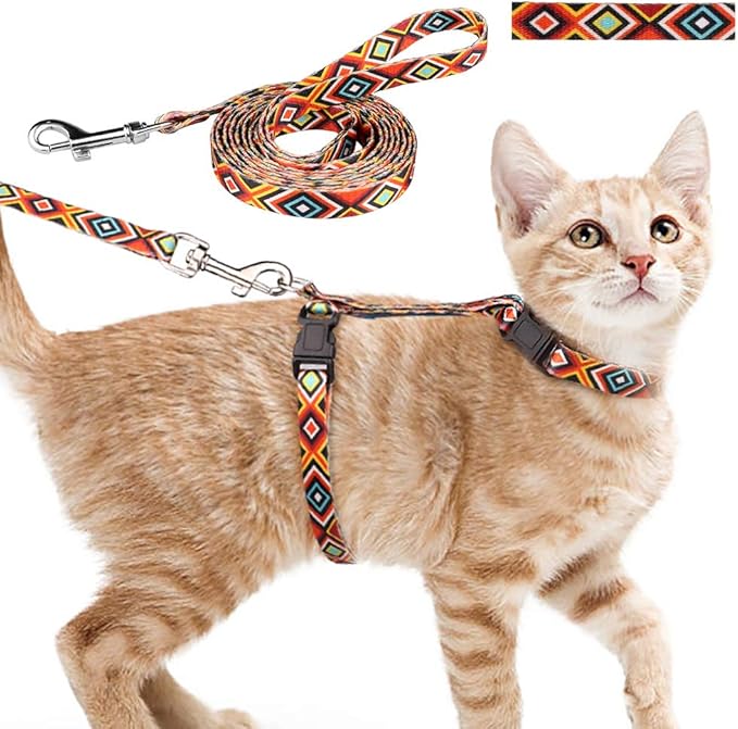 Cat Harness and Leash Set Geometric Pattern Escape Proof Adjustable for Kitty Outdoor Walking(Orange)