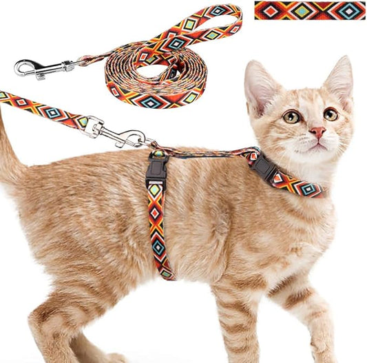 Cat Harness and Leash Set Geometric Pattern Escape Proof Adjustable for Kitty Outdoor Walking(Orange)