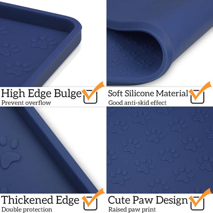 Ptlom Silicone Pet Placemat for Dog and Cat, Waterproof Non-Slip Pet Feeding Bowl Mats for Food and Water, Small Medium Large Tray Mat Prevent Residues from Spilling to Floor, Navy Blue, 24.5" 16.5"