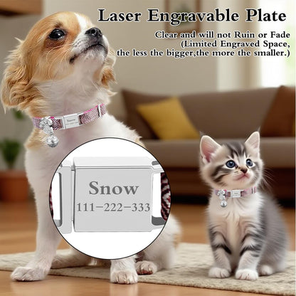 Personalized Breakaway Cat Collars - Magnetic Buckle, Bell - Safety Quick Release, Customized for Girls & Boys Cats- (Herringbone-Rose Red)
