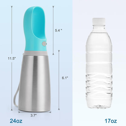 Portable Dog Water Bottle, 24 OZ, Stainless Steel Leak Proof Puppy Water Dispenser with Drinking Feeder for Pets Travel, Walking, Hiking and Outdoor Activities