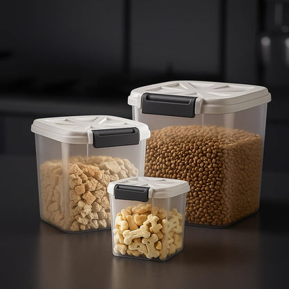 LivLab Mker Airtight Dog Food Storage Container 20 lbs, Pet Food Storage Bin with Lid 4 lbs & 6 lbs & 10 lbs, 3 Pack, Cat Treat Container, Stackable, 3 Measuring Cup, Save Space,White