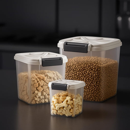 LivLab Mker Airtight Dog Food Storage Container 20 lbs, Pet Food Storage Bin with Lid 4 lbs & 6 lbs & 10 lbs, 3 Pack, Cat Treat Container, Stackable, 3 Measuring Cup, Save Space,White