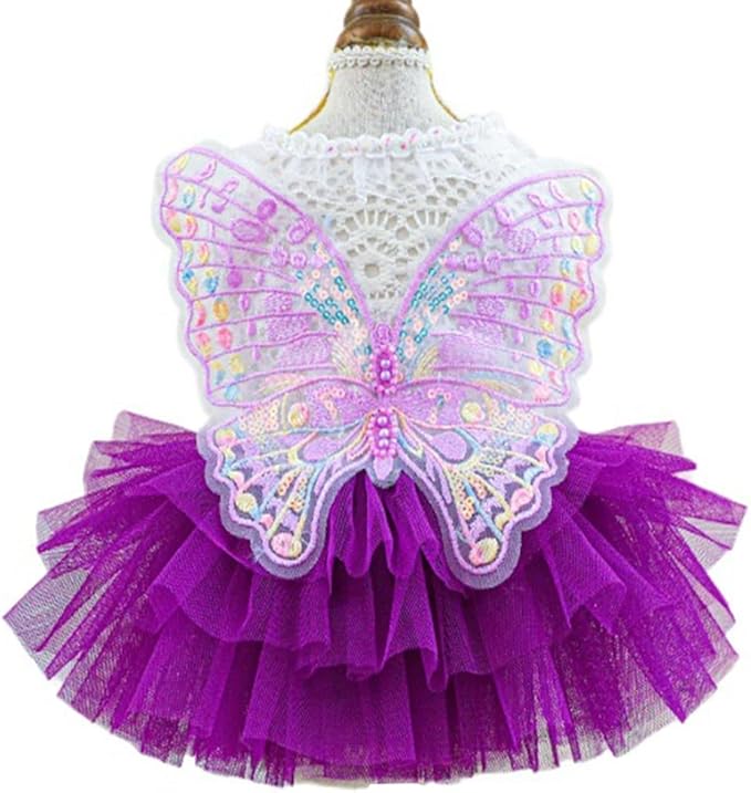 ANIAC Butterfly Dog Dress with Purple Tutu Funny Pet Clothes with Wing Girl Puppy Dress for Small Dogs Pet Butterfly Costume Holiday Cat Outfit for Halloween Birthday Wedding (Purple, Medium)