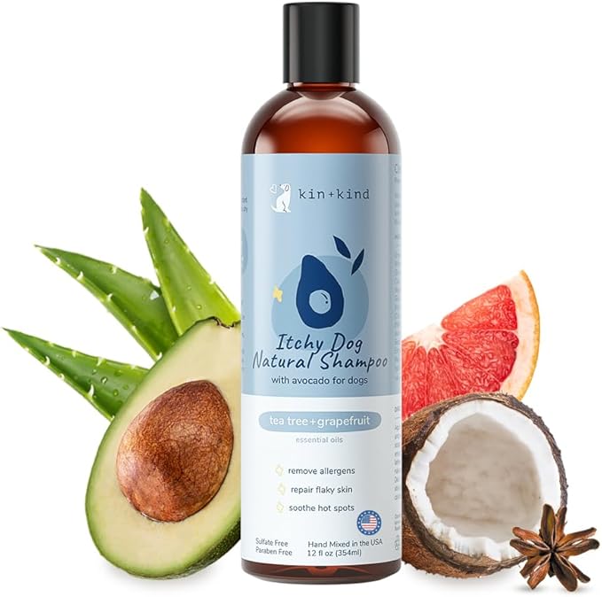 kin+kind Pet Shampoo for Itchy Dog and Cat (12 fl oz) - Soothe Itch and Hot Spot Irritation - Safe, Natural Formula with Olive Oil, Coconut Oil and Avocado Oil - Made in USA
