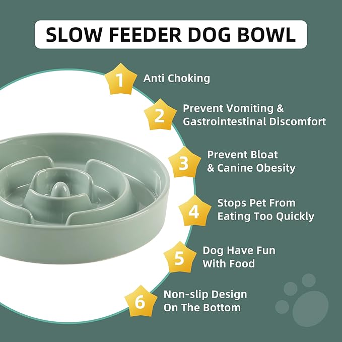 9.5inch Ceramic Slow Feeder Dog Bowl for Large Dog, Puzzle Food Dish, Anti-Gulping, Pet Slow Feeder, Stop Bloat, Preventing Choking (Single Bowl-Light Green)