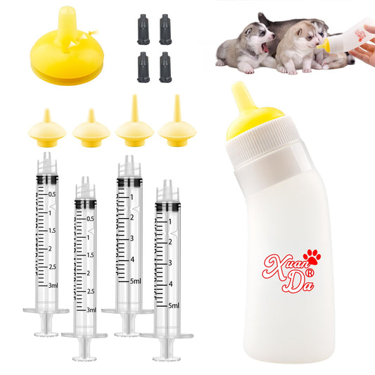 Pet Feeding Nipple with Syringe, Soft Silicone Nursing Pet Feeding Bottle, Ventilation Valve Resistant Tearing for Puppies, Kittens, Rabbit, Small Wildlife (L Nipple,Yellow)