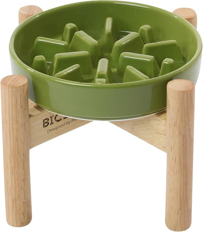 Ceramic Maze Dog Slow Feeder with Non-Slip Silicone Rim (& Bamboo Stand) – Heavy-Duty Stoneware Bowl with Puzzle Pattern for Bloating & Obesity Prevention (Raised-Green-M)
