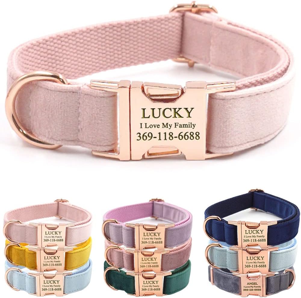 PETDURO Personalized Dog Collar Pink Soft Velvet for Large Medium Small Boy Girl Dogs - Custom Collar with Name Phone Number Engraved on Rose Gold Metal Buckle - Add Leash Bow Set via Customize Now