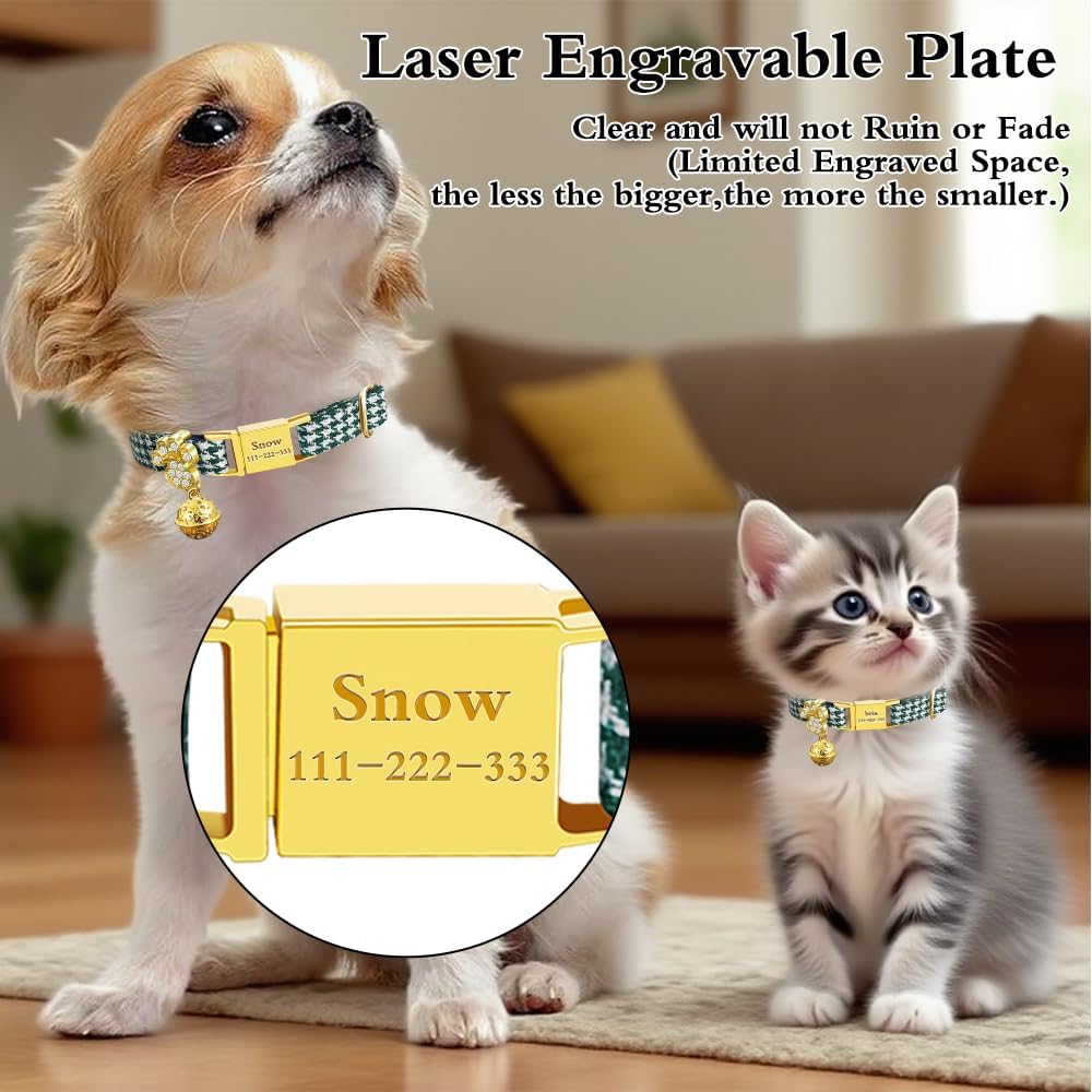 Personalized Breakaway Cat Collars - Magnetic Buckle, Bell - Safety Quick Release, Customized for Girls & Boys Cats- (Houndstooth-Green)
