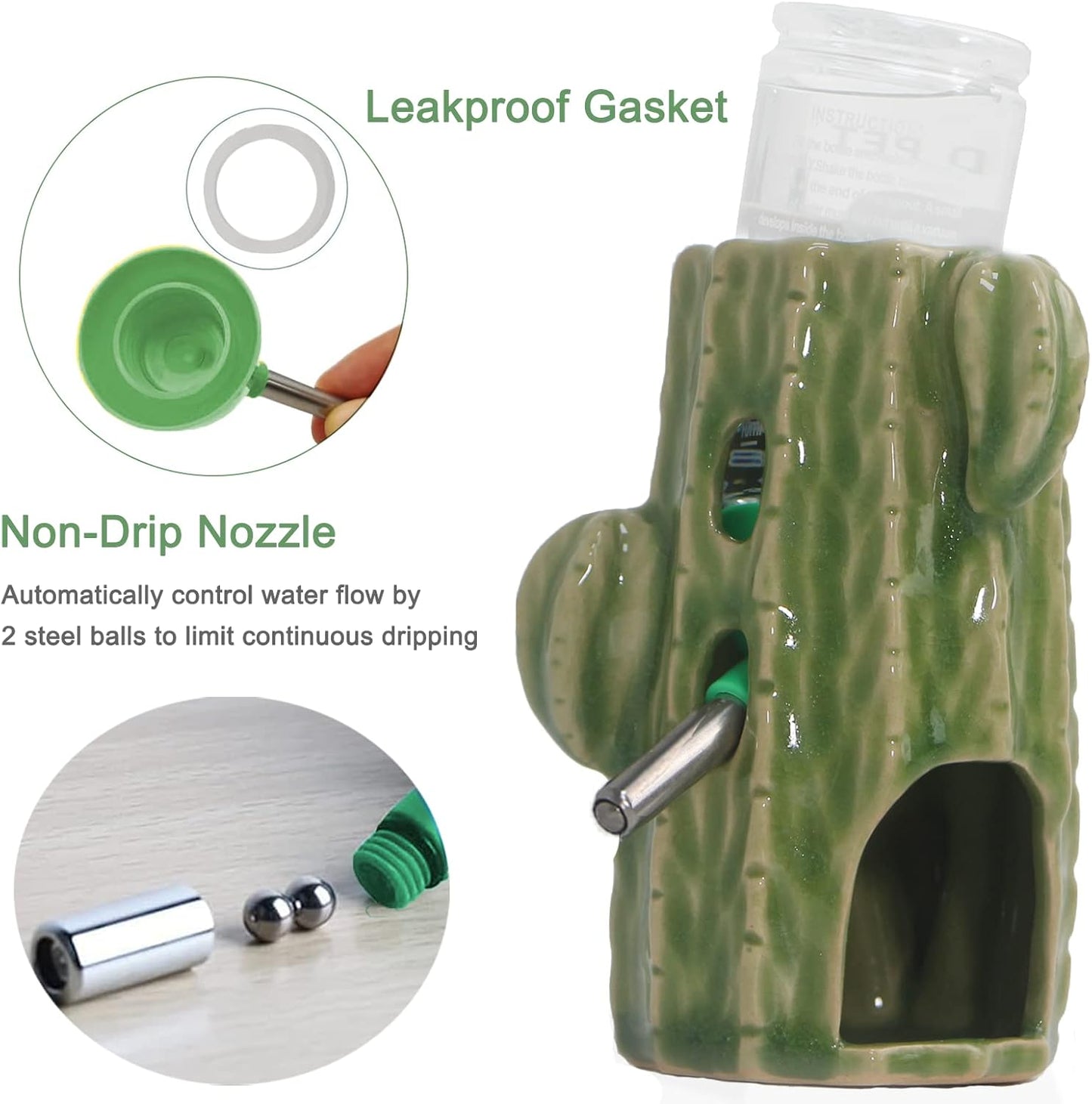 2-in-1 Adjustable Hamster Water Bottle for Glass Tank - 80ML, No Drip Ceramic Holder for Dwarf Hamster, Mice, Rat (Light Green)