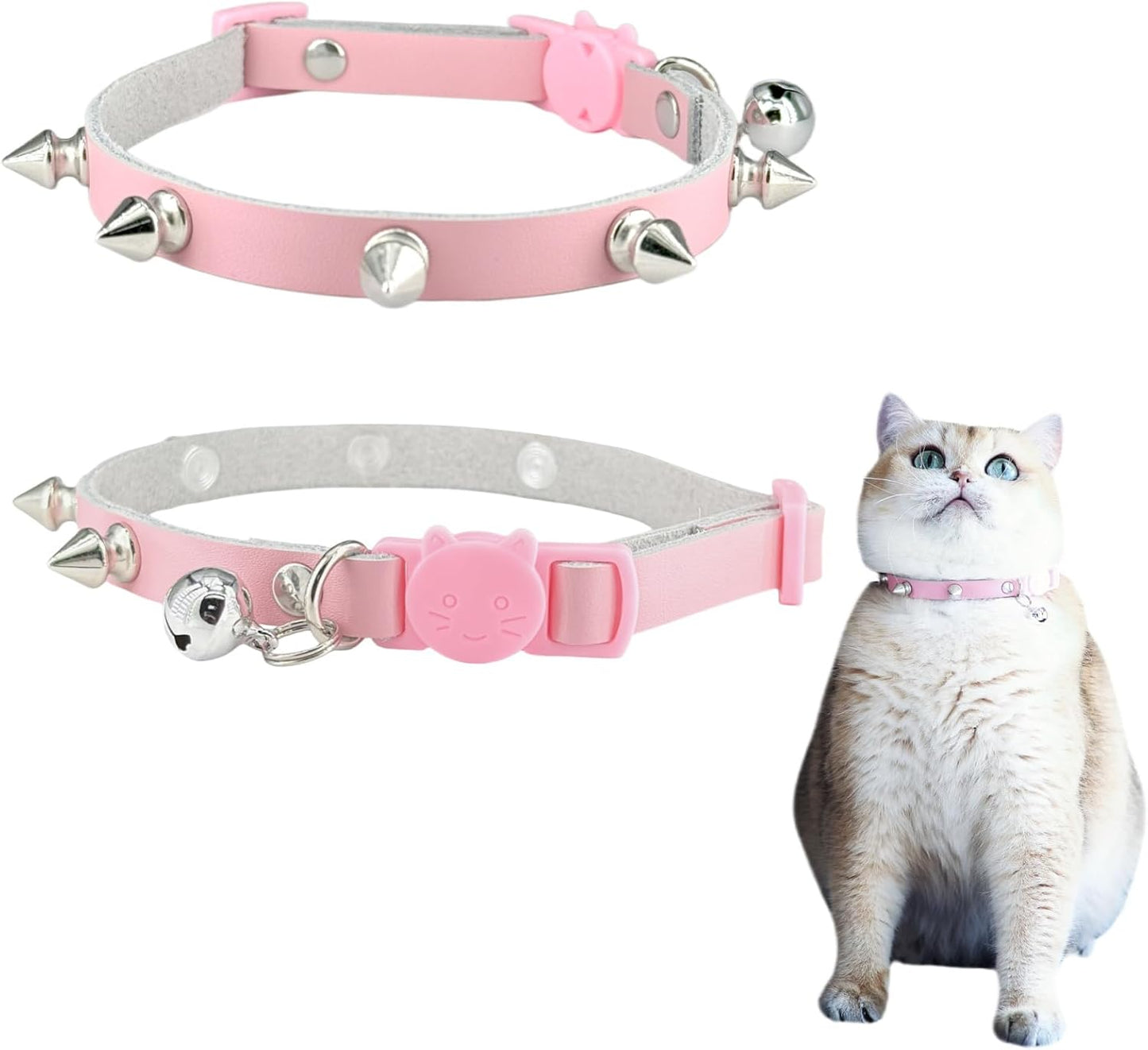 Spiked Cat Collar with Bells, Breakaway Genuine Leather Protective Collar for Kitty, Studs Spikes Punk Style Adjustable for Girl Boy Kittens Small Bunny Rabbit, 8"-9.5" Pink