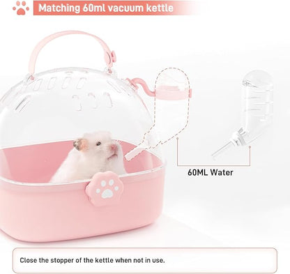 BUCATSTATE Small Animal Carrier Cage with Water Bottle, Portable Hamster Travel Carrier Carry Case 7.24" L*6.69 W *6.42" H for Small Pets, Gerbils, Mice, Dwarf Hamster (Pink)