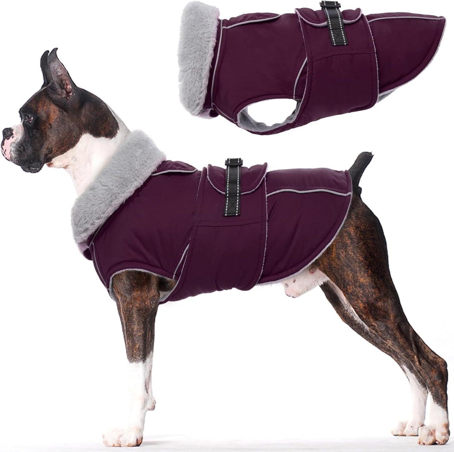 Lelepet Warm Dog Coat Waterproof Dog Jacket for Large Dogs Reflective Fleece Vest with Adjustable Buckle Hook & Loop Windproof Cold Weather Coats for Small Medium Large Dogs, Dark Purple, L