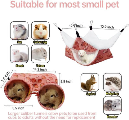 Rat Ferret Hammock Toys Cage Accessories, Guinea Pig Hideout Tunnel, Warm Bed for Rat Ferret Guinea Pig Sleep Hide and Play (1.Hammock+Corner Tunnel)