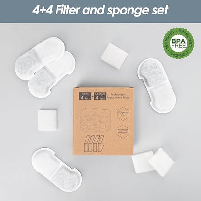 Official 4 Packs Cat Water Fountain Replacement Filters & Pre-Filter Sponges for 101oz/3L Stainless Steel Cat Water Fountain