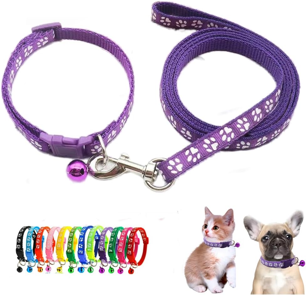 Dog Collar with Bell Leash Set,Nylon Basic Reflective Puppy Collars Girls Boys Paw Print for XXS Xs Small Cat Pet Animal Litter Tiny Kitten, Dark Purple