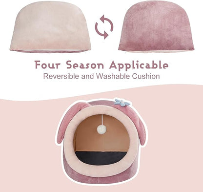 Jiupety Cute Cat Bed for Indoor Cats, Warm Soft Cave Fit for Many Cats and Puppy, Pink Rabbit, L