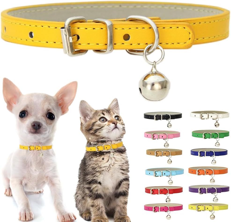 Gold XS Dog Collar with Bell, Soft Pu Leather Cat Collars Adjustable Buckle for XXS Extra Small Medium Tiny Female Male Boys Girls Pets Puppy Kitten Teacup Yorkie X-Small